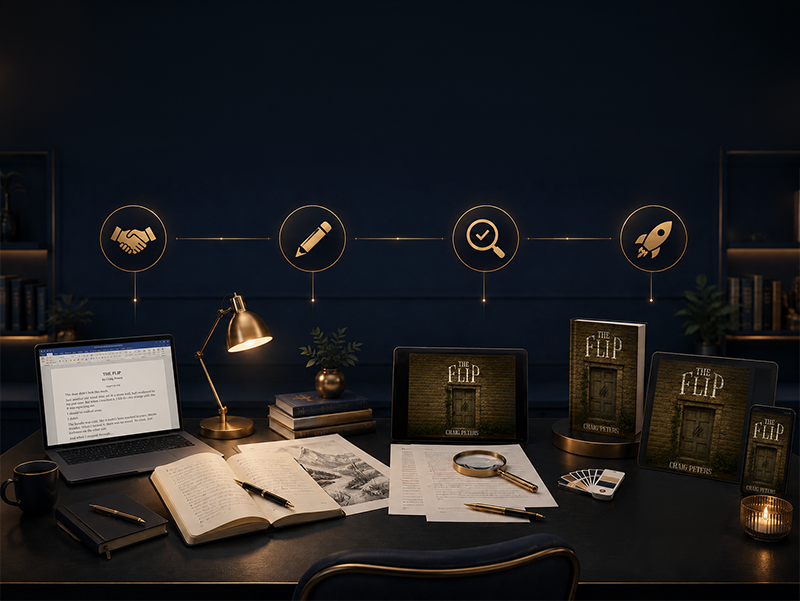 Author writing at desk — Book Market Hub publishing process